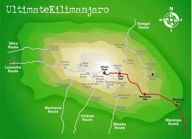 Marangu Route map and trail on Kilimanjaro