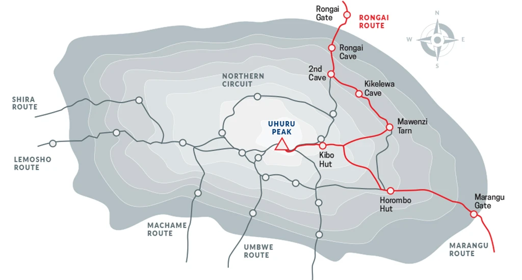 Rongai Route map and trail on Kilimanjaro