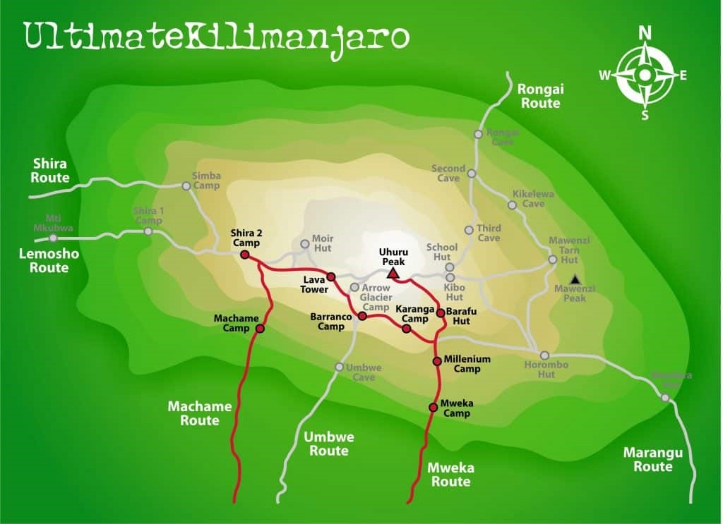 Machame Route map and trail on Kilimanjaro