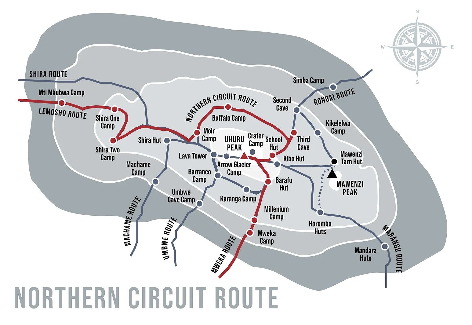 Northern Circuit route map on Mount Kilimanjaro